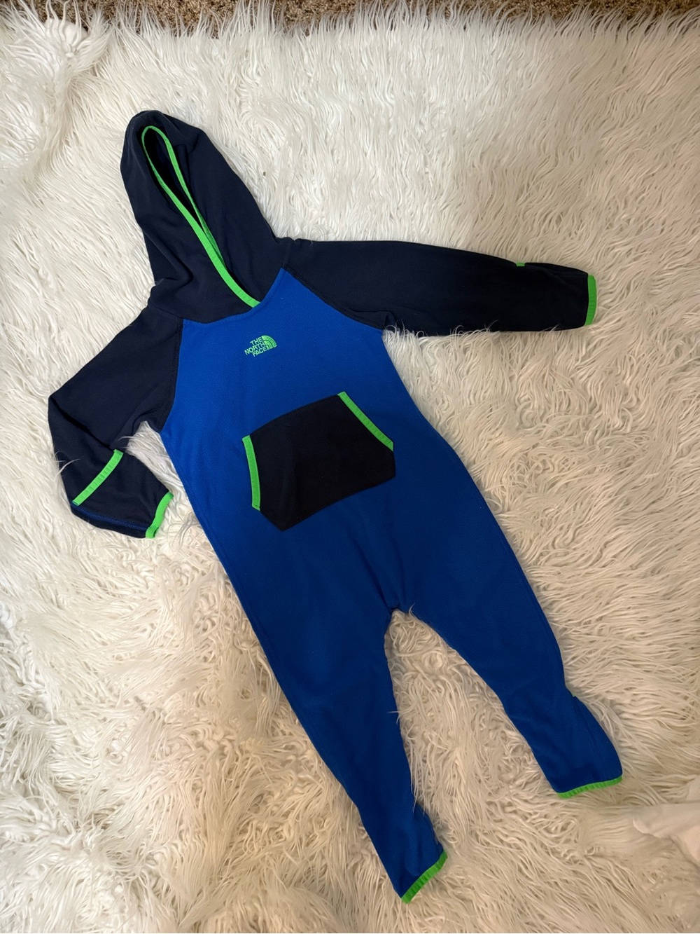 The North Face Blue and Navy Hooded Kids One-Piece with Green Trim